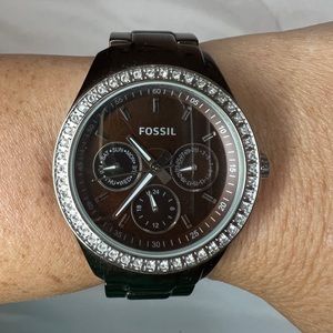 Fossil Stella Large Brown Bracelet Dial w/ White Crystal-Encrusted Bezel ES2949